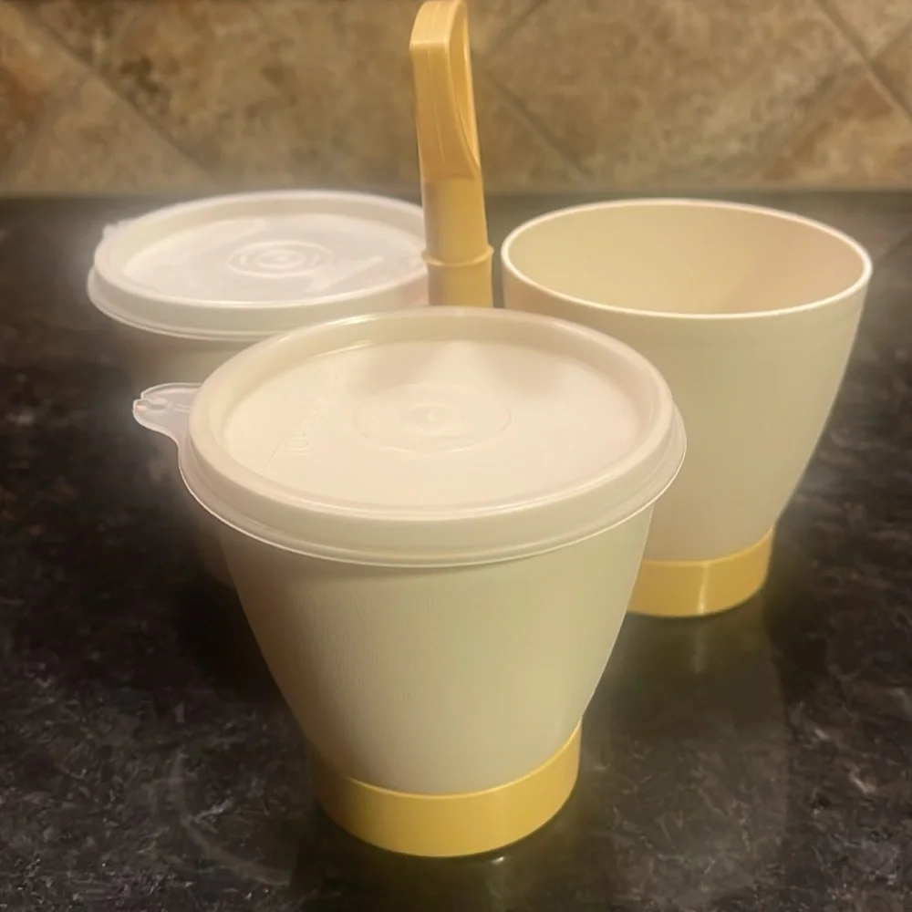 Vintage Tupperware Condiment Caddy 3 Container Serving Set. Missing 1 lid